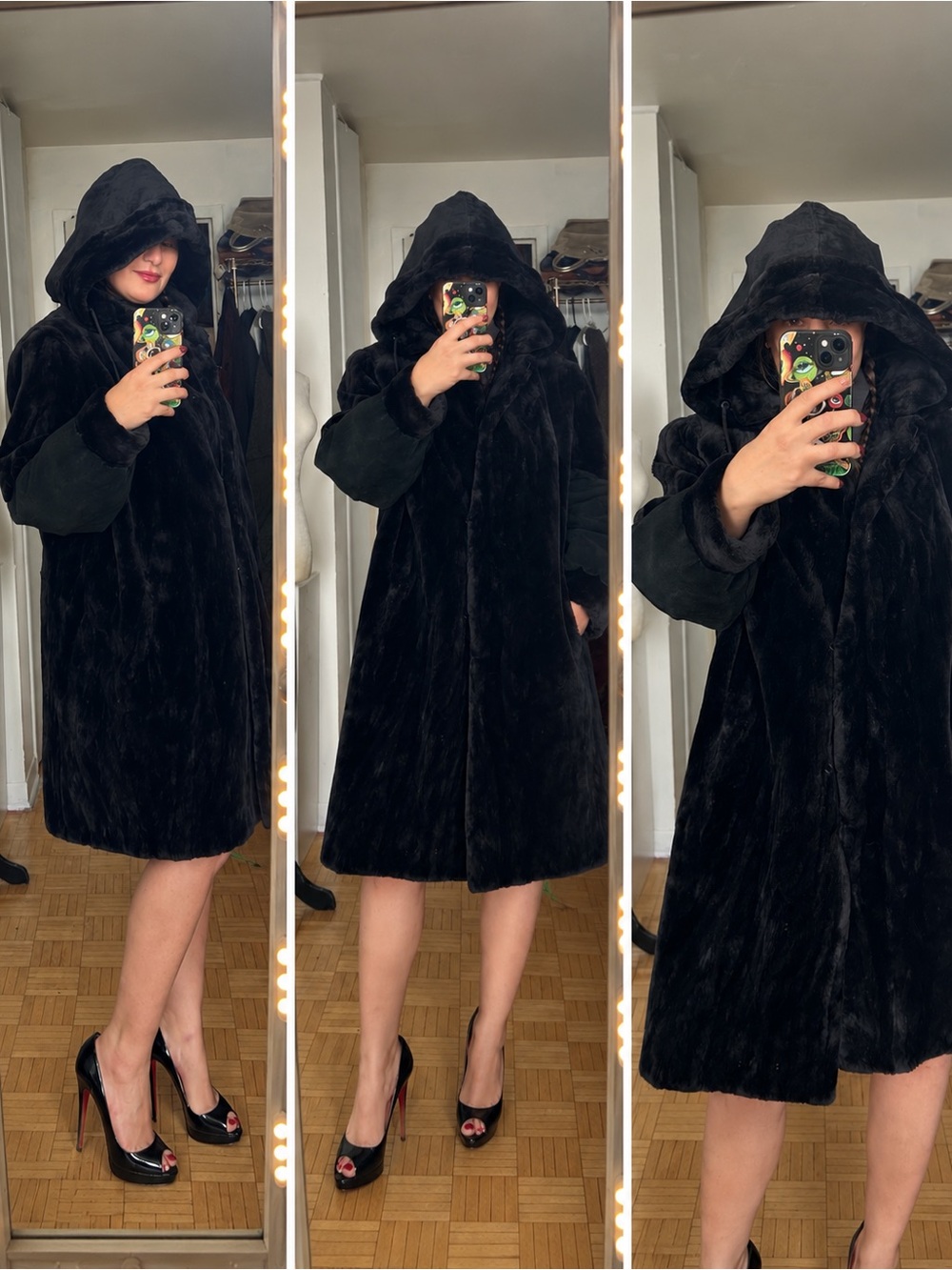 La Flamme Fourrure Victoriaville Hooded Fur & Leather Coat Black – Very Good